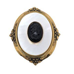 Vintage Black Gutta Percha Cameo Brooch w Mother of Pearl, Gold Floral Frame 2"
